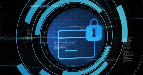 Displaying padlock securing blue payment card data on dark interface, binary イラスト素材