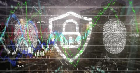 Displaying padlock shield icon securing bank data over skyline, fingerprint Stock Photos