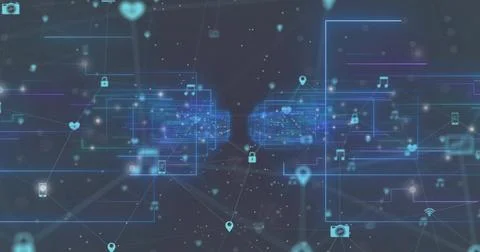 Displaying paired glowing frames sending links across dark network field, with イラスト素材