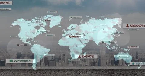Displaying pale blue world map overlay floating over gravel rooftop and skyline, Ilustração Stock