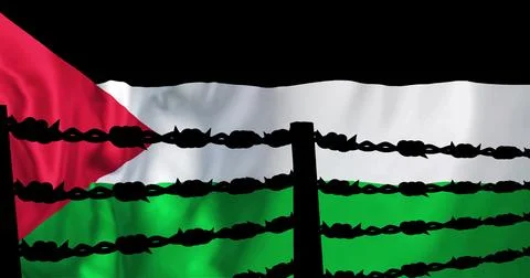 Displaying Palestinian flag rippling in studio, with barbed wire, fence post and Illustrazione stock