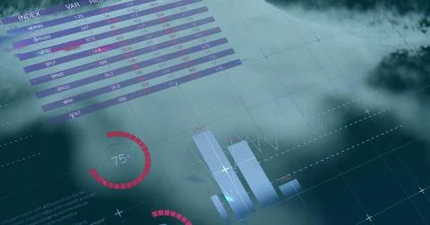 Displaying panel floating in clouds with clear table, red gauge, 3D bars and 写真素材