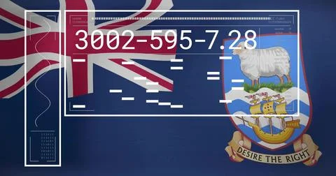 Displaying panel with numeric code over Falklands flag showing Union Jack, sheep Illustration