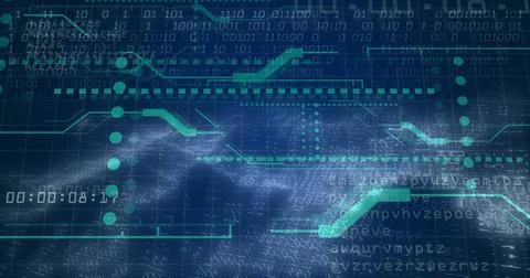 Displaying panel scrolling binary and hex code on teal circuit grid with Stock Illustration