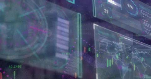 Displaying panel showing candlestick chart with overlays and progress gauge in 写真素材