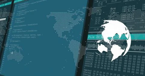 Displaying panels on dashboard, with code panel, dotted world map, and white Stock Illustration