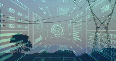 Displaying panels showing numeric readouts, grids over rural hills at dusk with 写真素材