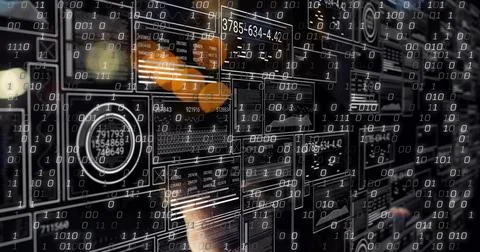 Displaying panels on wall in data hub, with binary overlay and reflected 스톡 사진