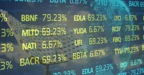 Displaying parabolic mesh dish projecting tickers, percentages in data space Foto stock