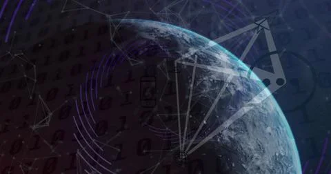 Displaying partial Earth globe floating in outer space, with binary digit Stock Photos