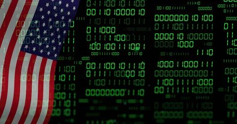 Displaying partial US flag overlaying green 0s and 1s columns on dark backdrop, Illustrazione stock