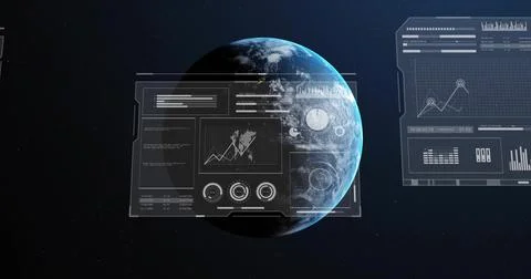 Displaying partially illuminated planet Earth rotating in outer space, with Illustrazione stock