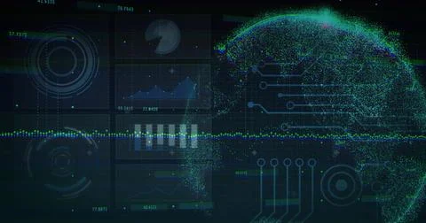 Displaying particle-based globe on right side of virtual dashboard, showing data Stockillustratie