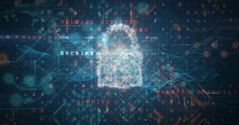 Displaying particle-based padlock icon glowing over network grid, with malware Stock Photos