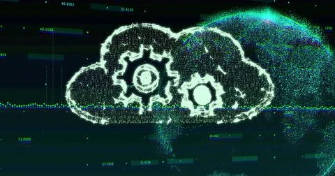 Displaying particle cloud icon with two gears on data dashboard, emitting glitch Stockfoto's