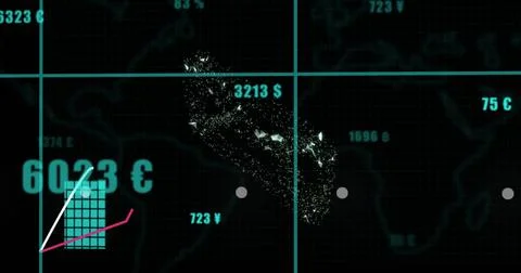 Displaying particle cluster forming data island center-right on cyan grid, with Stock Illustration