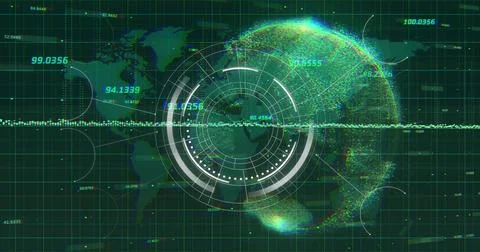 Displaying particle globe and concentric HUD rings in holographic control panel, Illustrazione stock