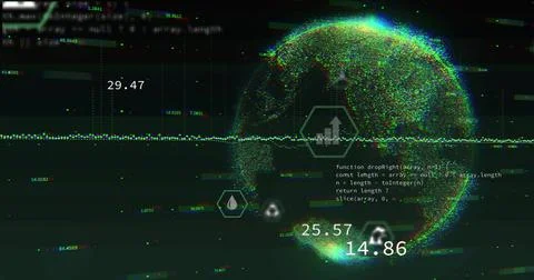Displaying particle globe pulsing on virtual dashboard with waveform, values, Stock Illustration
