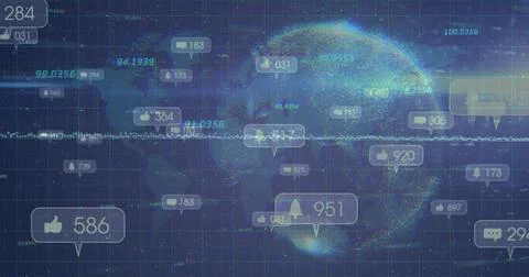 Displaying particle globe rotating at center of dashboard, with notification Stock Illustration
