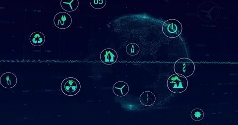 Displaying particle globe rotating right of center on data dashboard, with teal Foto stock