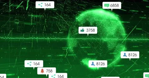 Displaying particle globe rotating within virtual data dashboard, showing UI Stock Illustration