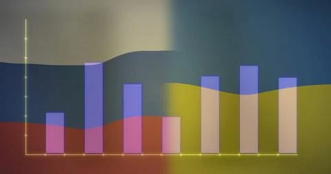 Displaying pastel bar chart on digital display with axes, seven translucent bars Illustrazione stock