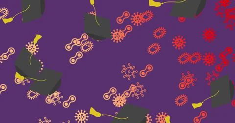 Displaying pattern on purple canvas with graduation caps, yellow tassels and red Stock Photos