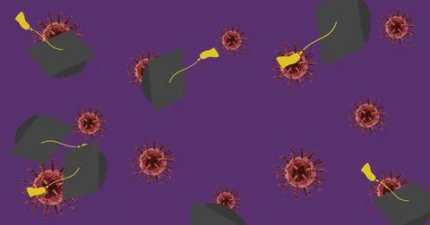Displaying pattern on purple field, with virus particles, black mortarboards Stock Photos