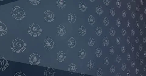 Displaying patterned graphic wall featuring circular icon motifs at conference, Stock Photos