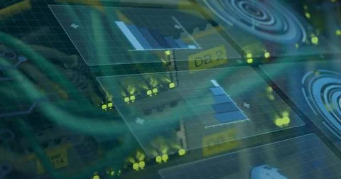 Displaying PCB with ports, green cables, yellow LEDs and DB2 label in chassis, Stock Photos