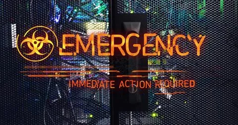 Displaying perforated metal server rack door marked EMERGENCY in data center, Stock Illustration