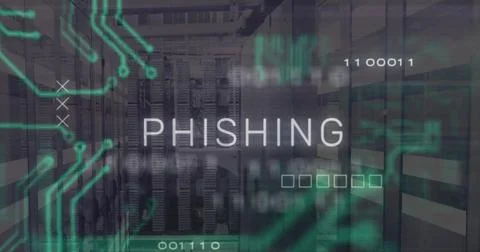 Displaying PHISHING text above server racks in data center, with neon overlays Stock Illustration