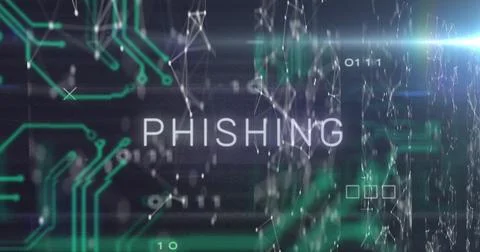 Displaying PHISHING text on cyber backdrop, green circuit, node network, binary 스톡 사진