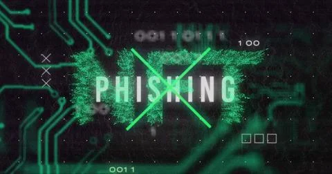 Displaying PHISHING text glitching on dark interface, with neon green X lines 스톡 사진