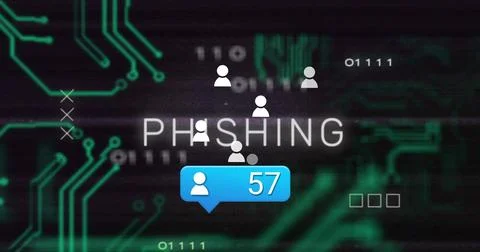 Displaying PHISHING text pulsing on dark interface, with user icons and blue Stock Illustration