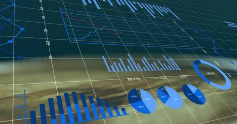 Displaying pie, bar and line charts in 3D grid interface, with percentage and Stock Illustration