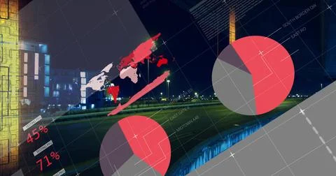 Displaying pie chart hovering over nighttime runway lights, with 45% 71% world 写真素材