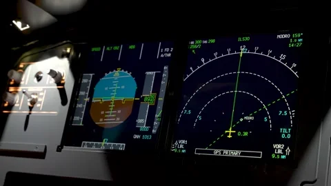 Displaying Pilots instruments in Airbus A320 as it banks from right to left at Stock Footage 314483664