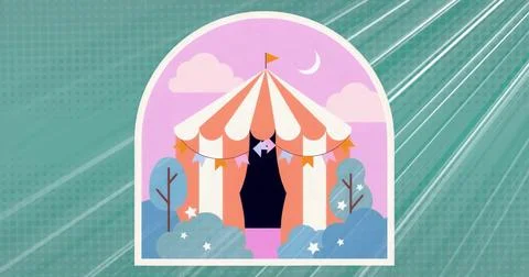 Displaying pink and white striped carnival tent within arched frame, featuring イラスト素材