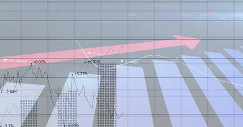 Displaying pink arrow showing data on dashboard, with grey bars, line graphs and Stock Photos