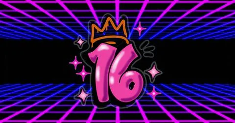 Displaying pink bubble number 16 with black outline in neon grid, featuring Stockillustratie