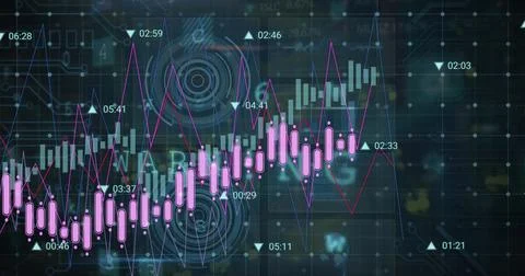 Displaying pink candlestick bars moving on grid panel with purple trend lines, 스톡 사진