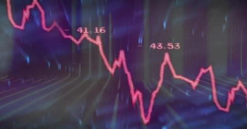 Displaying pink fluctuating line graph on dark grid digital dashboard, with Illustrazione stock