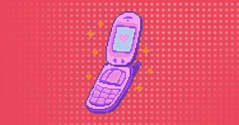 Displaying pink pixel-art flip phone opening on red dots, showing heart icon Illustrazione stock