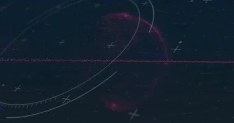Displaying pink waveform line spanning digital HUD display, with white arcs and Stock Photos