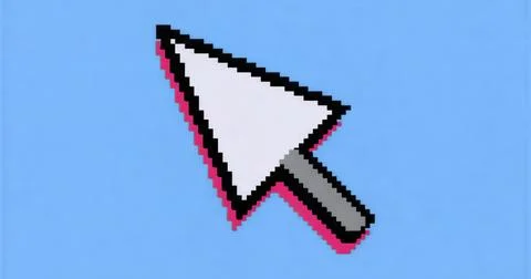 Displaying pixel-art cursor arrow with black outline and pink drop shadow on Stock Illustration