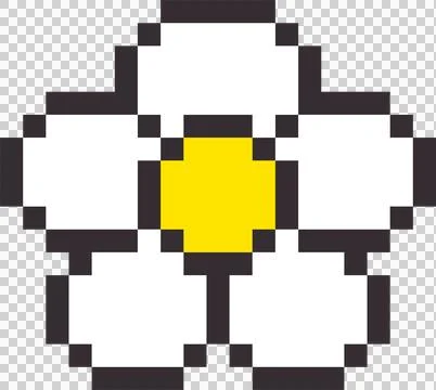 Displaying pixel art flower showing 5 white petals around yellow disk, black Illustrazione stock