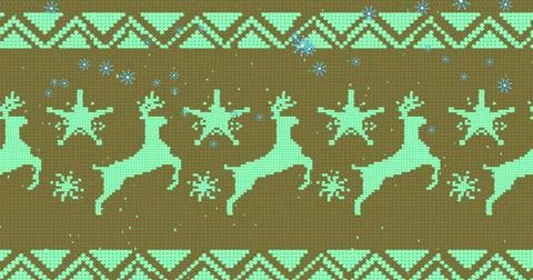 Displaying pixel-art pattern with mint-green reindeer, snowflake, star motifs, 스톡 사진