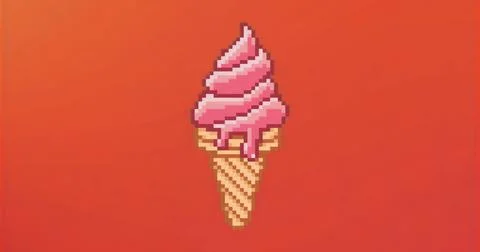 Displaying pixel-art pink soft-serve ice cream cone on red gradient canvas, with Stock Illustration