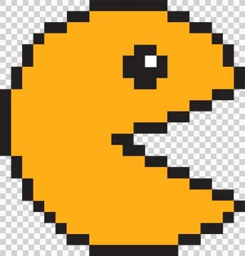 Displaying pixel art yellow circle featuring wedge mouth, pixelated eye on Stock Illustration